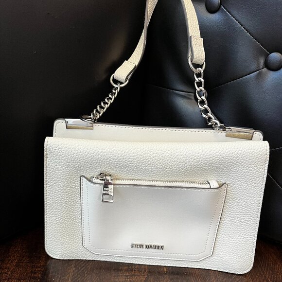 Steve Madden White Pebbled Faux Leather Crossbody Chain Strap Zip Pocket - Picture 1 of 5